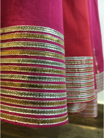 'RANG TAARA' Pink & Red Mulmul Cotton Kalidar Ghaghra