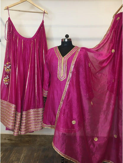 'JHILMIL' Rani Pink Handloom Chanderi Silk Kalidar Sharara (Set Of 3)