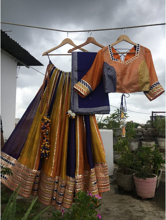 'BIJURIA' Multicolor Handloom Chanderi Silk Kalidar Ghaghra (Set Of 3)