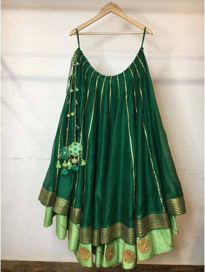 'SAAJ' Green And Parrot Green Double Layered Handloom Chanderi Silk Kalidar Ghaghra