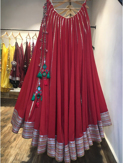 'RANGTAARA' Red Mulmul Cotton Kalidar Ghaghra