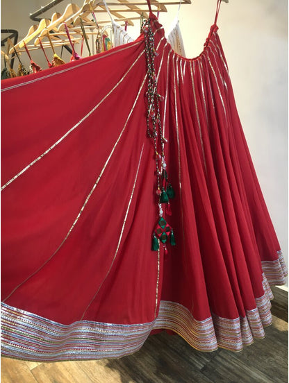 'RANGTAARA' Red Mulmul Cotton Kalidar Ghaghra