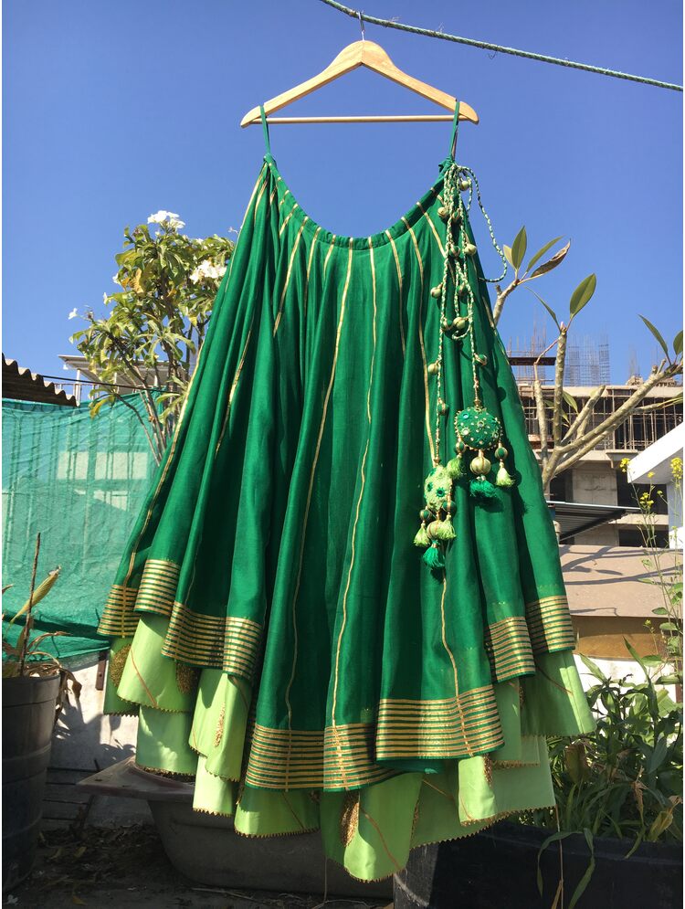 'SAAJ' Green And Parrot Green Double Layered Handloom Chanderi Silk Kalidar Ghaghra