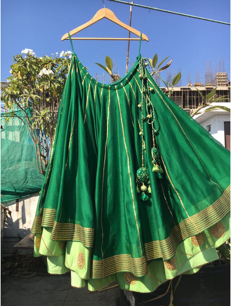 'SAAJ' Green And Parrot Green Double Layered Handloom Chanderi Silk Kalidar Ghaghra