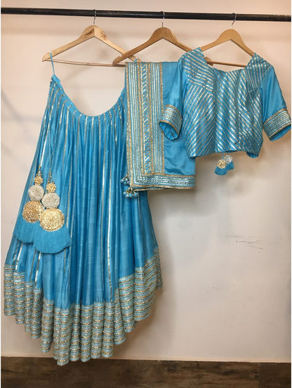 'DAMINI' Sky blue Handloom Chanderi Silk Kalidar Ghaghra (Set Of 3)