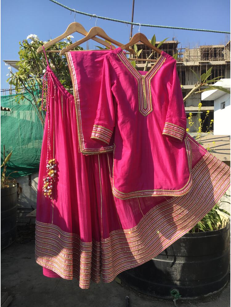 'JHILMIL' Rani Pink Handloom Chanderi Silk Kalidar Sharara (Set Of 3)