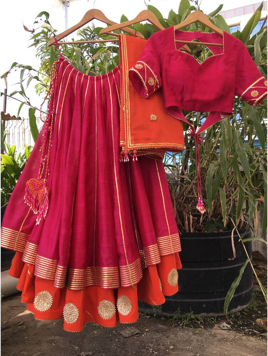 'RAJKUMARI' Rani Pink Double Layered Handloom Chanderi Silk Kalidar Ghaghra (Set of 3)