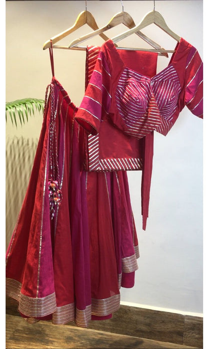 'SURKH GULABI' Pink & Red Mulmul Cotton Kalidar Ghaghra (Set Of 3)
