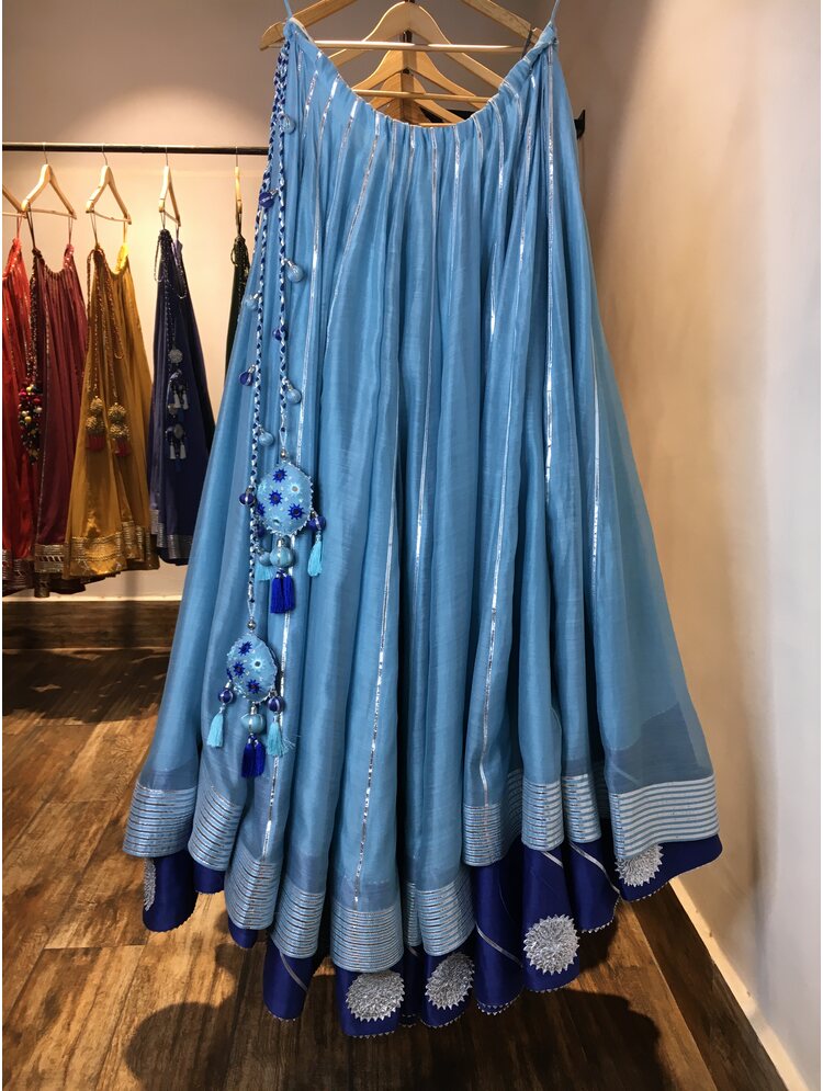 'DARIYA' Blue Double Layered Handloom Chanderi Silk Kalidar Ghaghra