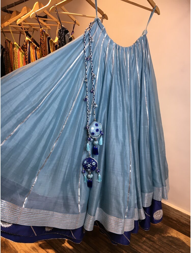 'DARIYA' Blue Double Layered Handloom Chanderi Silk Kalidar Ghaghra