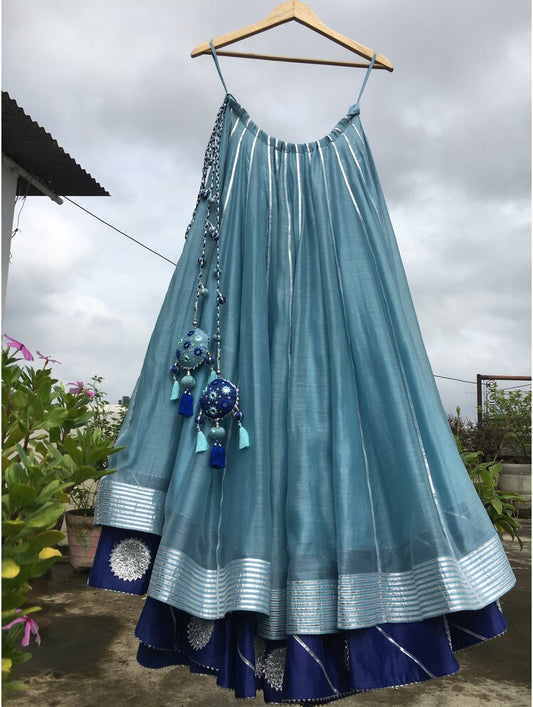 'DARIYA' Blue Double Layered Handloom Chanderi Silk Kalidar Ghaghra