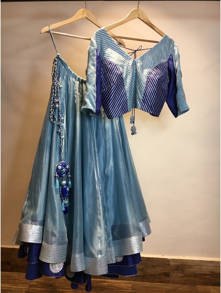 'DARIYA' Blue Double Layered Handloom Chanderi Silk Kalidar Ghaghra