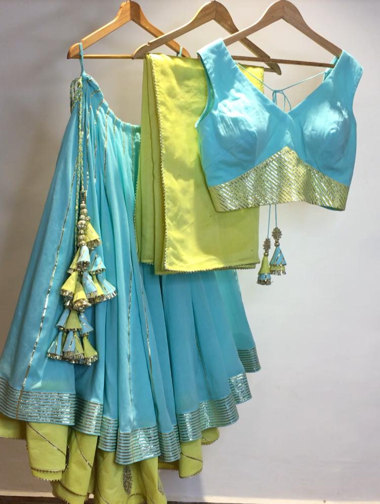 'HAYAT' Sea Green & Lime Yellow Double Layered Mulmul Cotton Kalidar Ghaghra (Set Of 3)
