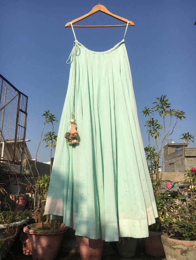 Studio Sample - 'NOORANI' Mint Green Mulmul Cotton Kalidar Ghaghra