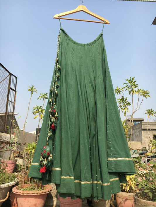 Studio Sample - 'MANDAKINI' Green Mulmul Cotton Kalidar Ghaghra