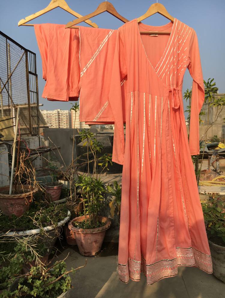 Studio Sample - 'SAHIBA' Peach Mulmul Cotton Anarkali (Set Of 3)