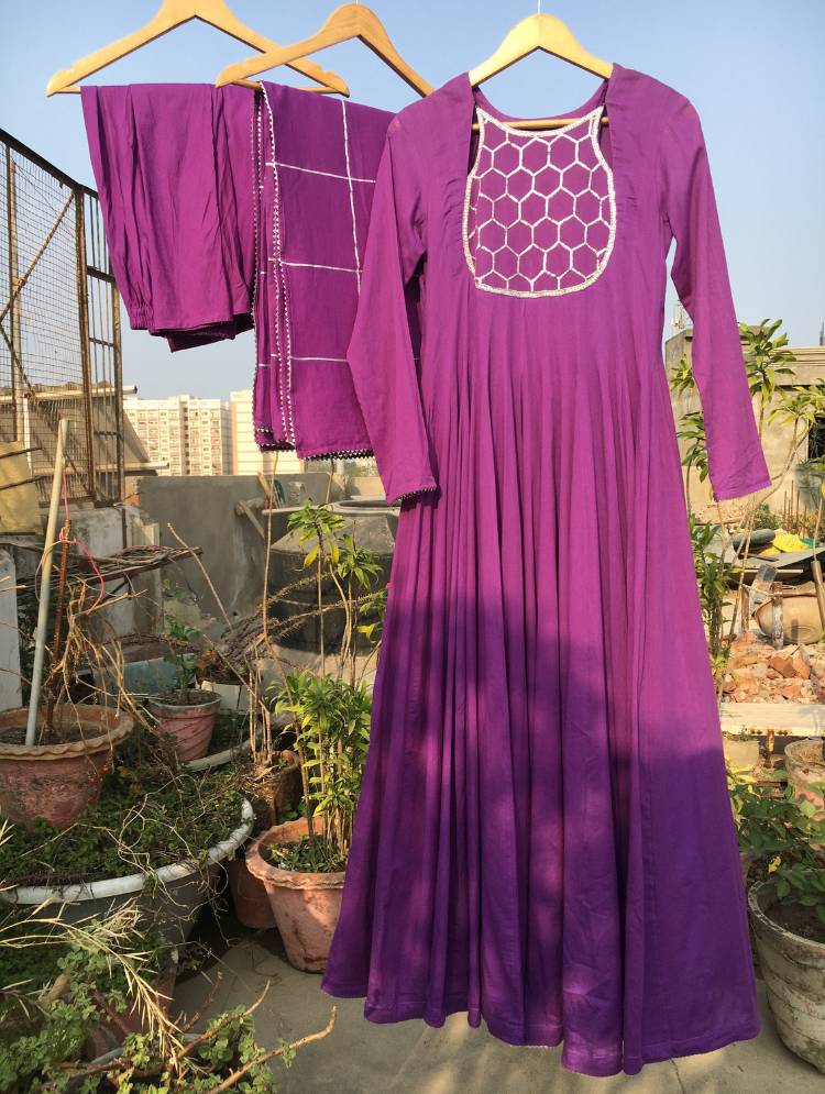 Studio Sample - 'MEHBOOB' Purple Mulmul Cotton Anarkali (Set Of 3)