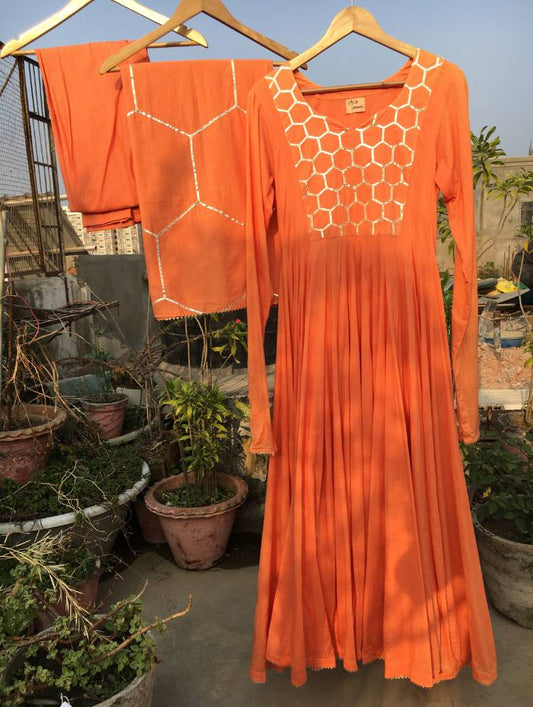 Studio Sample - 'KESARI' Orange Mulmul Cotton Anarkali (Set Of 3)