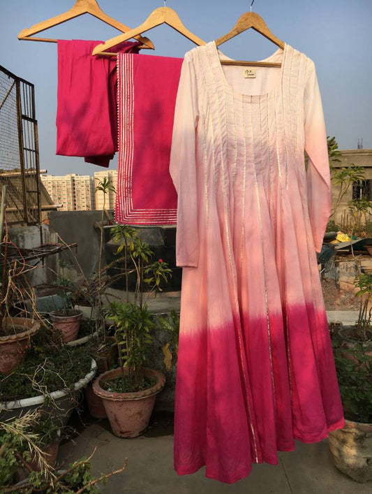 Studio Sample - 'ROOH-AFZA' Pink & Ombré Mulmul Cotton  Anarkali (Set Of 3)