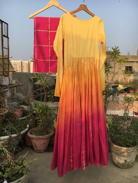 Studio Sample - 'SEHER' Yellow & Pink Ombré Mulmul Cotton  Anarkali (Set Of 2)
