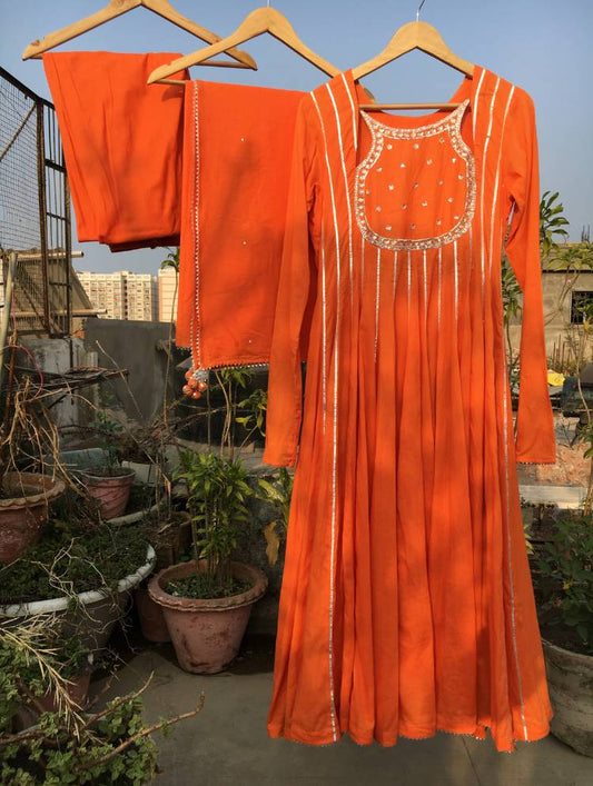 Studio Sample - 'NOOR BAANO' Tangerine Mulmul Cotton Anarkali (Set Of 3)