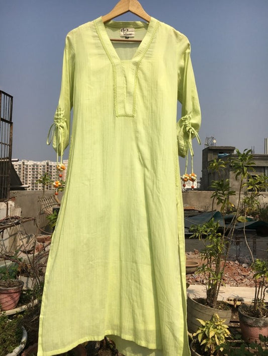 Studio Sample - 'GO ROUND AND ROUND' Lime Green Mulmul Cottton Dress