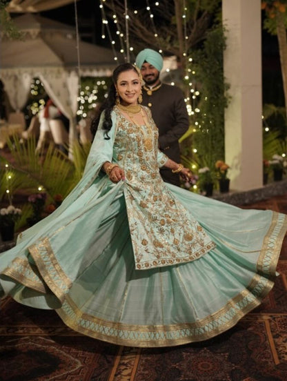 'SHABNAM-E-NEEL' Sea Green Handloom Chanderi Silk Kalidar Ghaghra