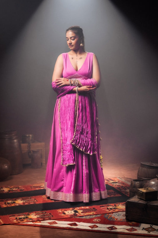 'YAMINI' Purple Mulmul Cotton Kalidar Ghaghra (Set Of 3)