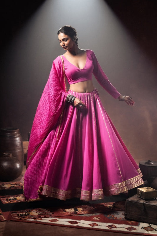 'PAARO' Rani Pink Mulmul Cotton Kalidar Ghaghra