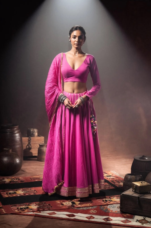 'PAARO' Rani Pink Mulmul Cotton Kalidar Ghaghra