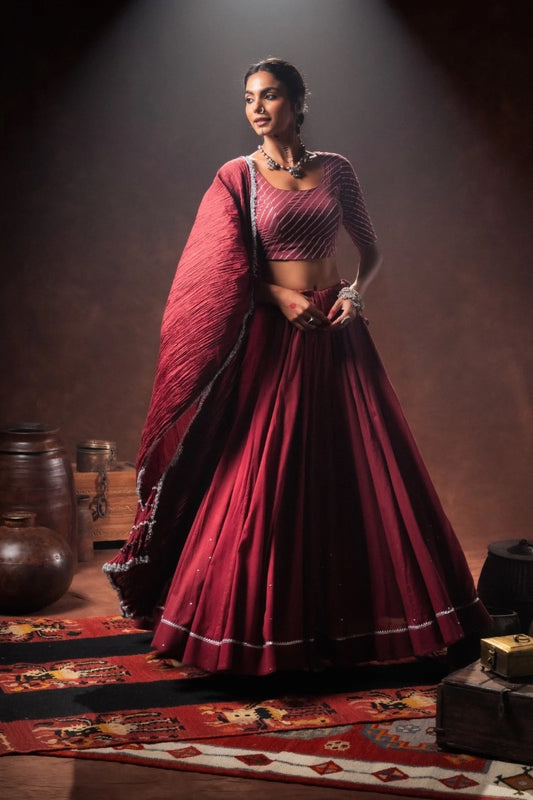 'MANJULIKA' Maroon Mulmul Cotton Kalidar Ghaghra (Set Of 3)