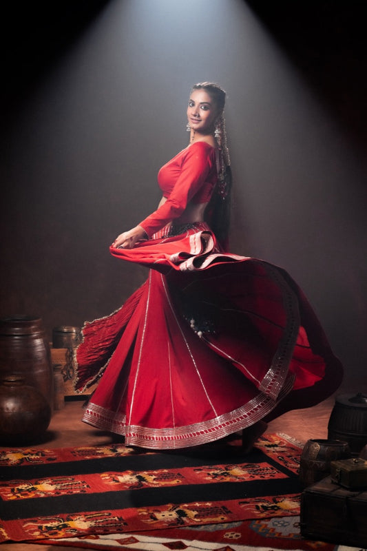 'LAAL PAARO' Red Mulmul Cotton Kalidar Ghaghra