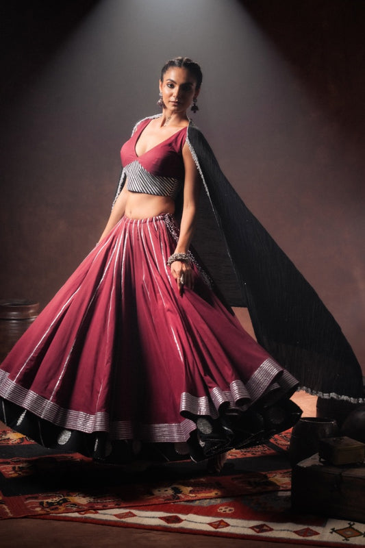 'MANMOHINI' Maroon And Black Double Layered Mulmul Cotton Kalidar Ghaghra