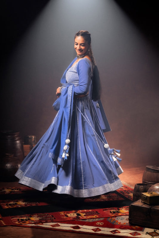 'MAYURI' Blue Mulmul Cotton Kalidar Ghaghra (Set Of 3)