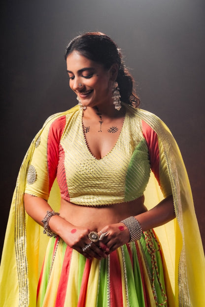 'RASEELI' Multicolor Double Layered Mulmul Cotton Kalidar Ghaghra