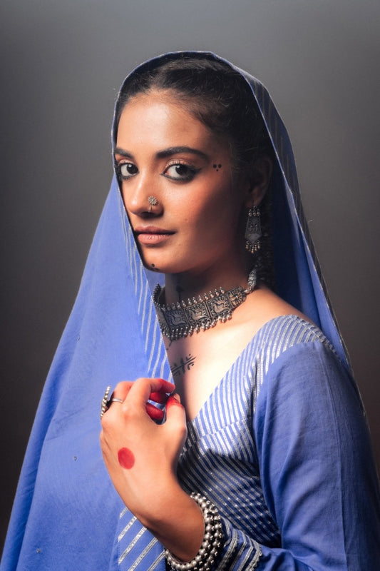 'MAYURI' Blue Mulmul Cotton Kalidar Ghaghra