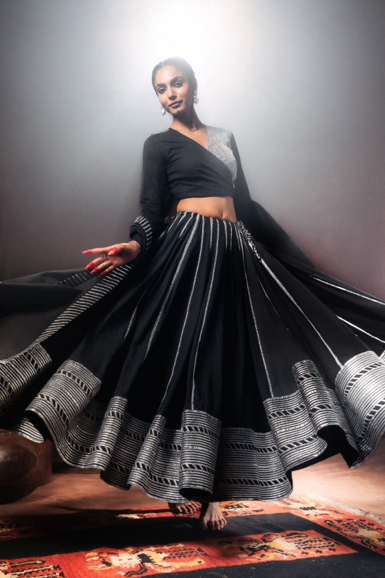 'HUSNARA' Black Mulmul Cotton Kalidar Ghaghra
