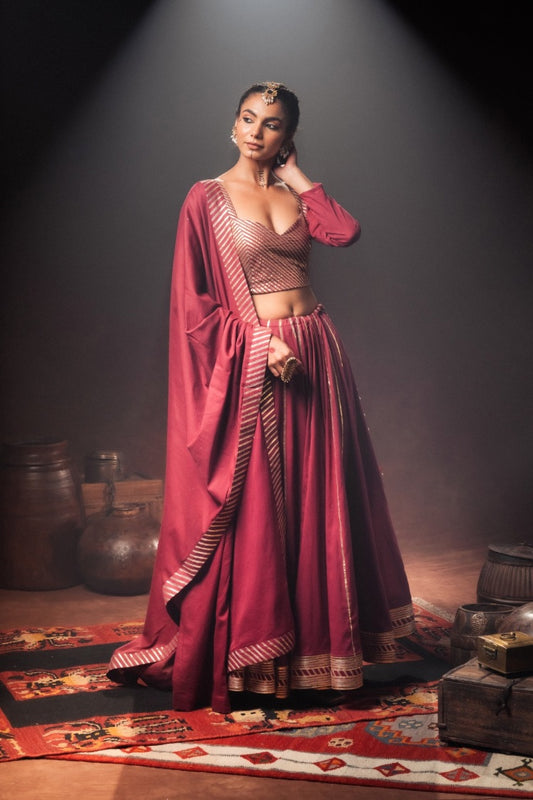 'KOMOLIKA' Maroon Mulmul Cotton Kalidar Ghaghra