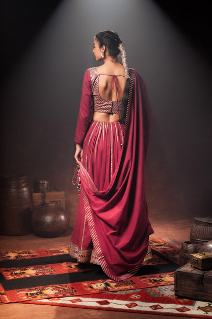 'KOMOLIKA' Maroon Mulmul Cotton Kalidar Ghaghra