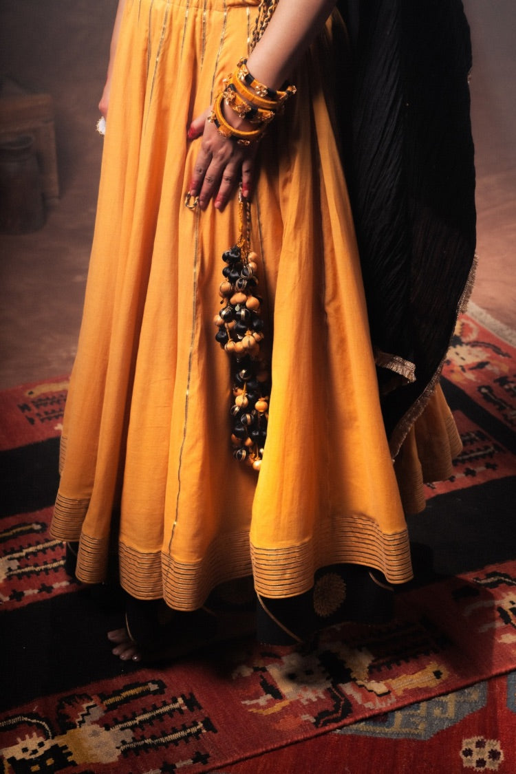 'SWARNIKA' Mustard/Golden And Black Double Layered Mulmul Cotton Ghaghra