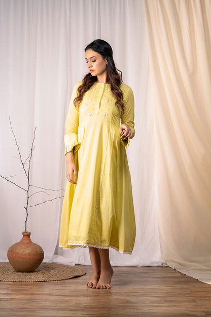 'ETERNAL SUNSHINE' Olive Yellow Mulmul Cotton Dress