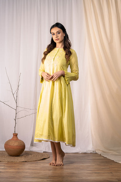 'ETERNAL SUNSHINE' Olive Yellow Mulmul Cotton Dress