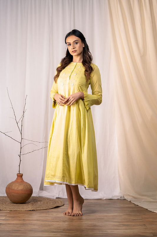 Studio Sample - 'ETERNAL SUNSHINE' Olive Yellow Mulmul Cotton Dress
