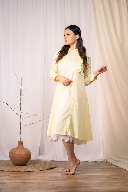 'OCEAN PEARL' Pastel Yellow Mulmul Cotton Dress