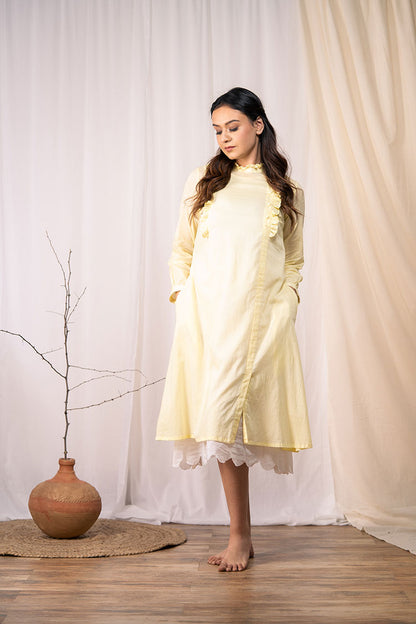 'OCEAN PEARL' Pastel Yellow Mulmul Cotton Dress