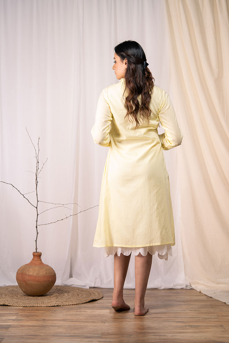 'OCEAN PEARL' Pastel Yellow Mulmul Cotton Dress