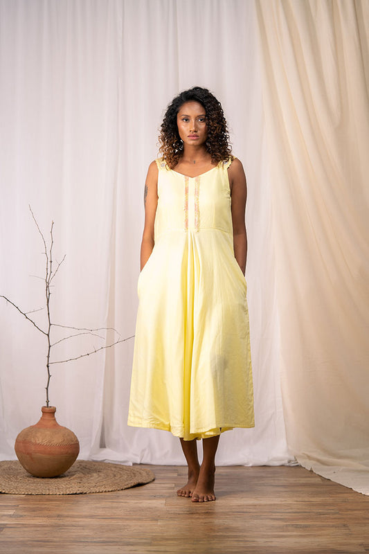 'ROSEMARY' Pastel Yellow Mulmul Cotton Dress