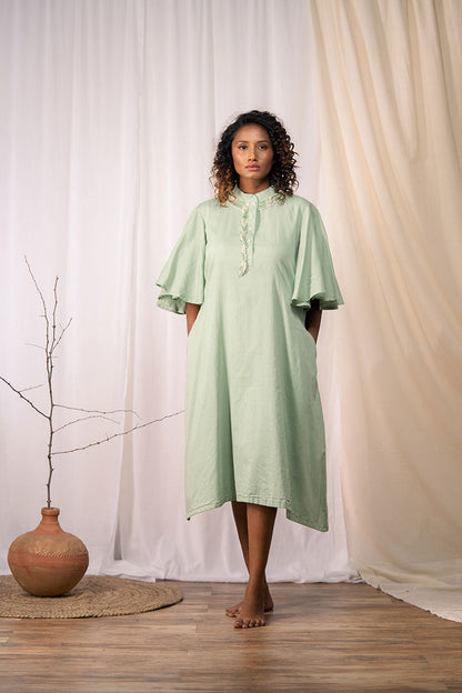 'A BLOOMING FLOWER' Sage Green Mulmul Cotton Dress