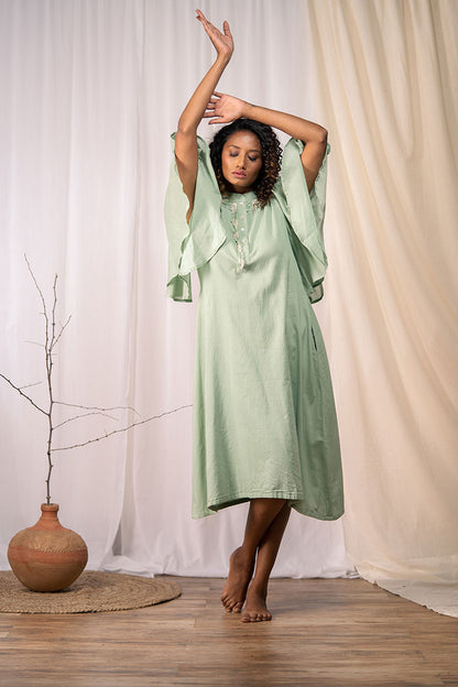 'A BLOOMING FLOWER' Sage Green Mulmul Cotton Dress