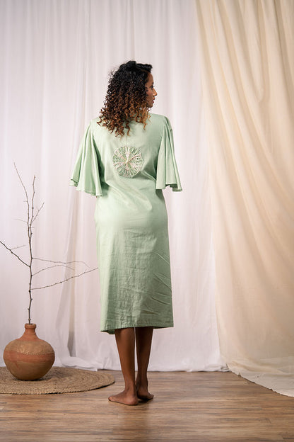 'A BLOOMING FLOWER' Sage Green Mulmul Cotton Dress